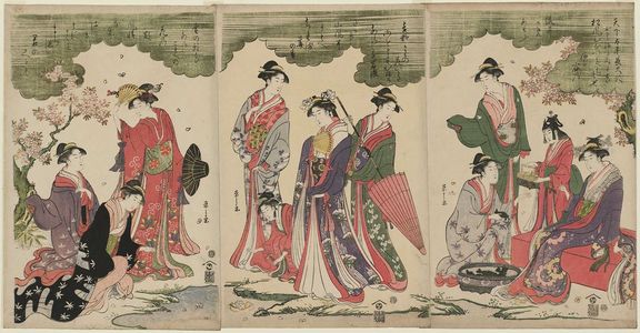 Hosoda Eishi: Ladies Viewing Cherry Blossoms beside a Stream - Museum of Fine Arts