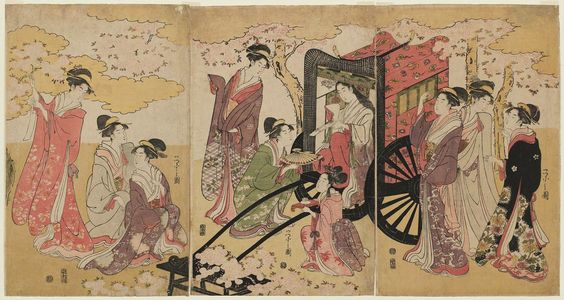 Hosoda Eishi: Lady in a Court Carriage Viewing Cherry Blossoms - Museum of Fine Arts