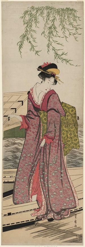 Utagawa Toyohiro: Young Woman Boarding a Roofed Boat - Museum of Fine Arts