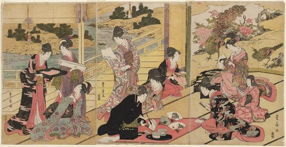 Utagawa Toyohiro: Young Man Painting Fans for Ladies - Museum of Fine Arts