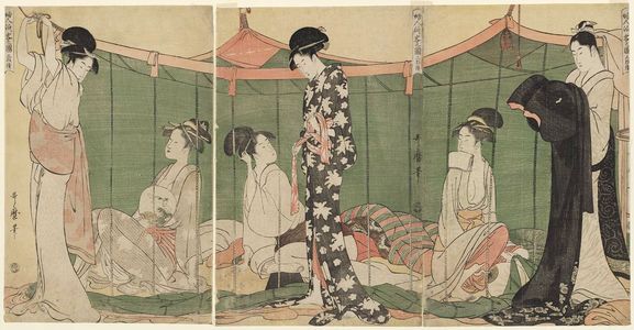 Kitagawa Utamaro, 喜多川歌麿 (Kitagawa Utamaro I)による浮世絵「Women Overnight Guests, a Triptych (Fujin tomari-kyaku no zu, sanmai-tsuzuki)」