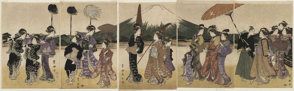 歌川豊国: Women Imitating a Daimyo Procession Passing Mount Fuji - ボストン美術館