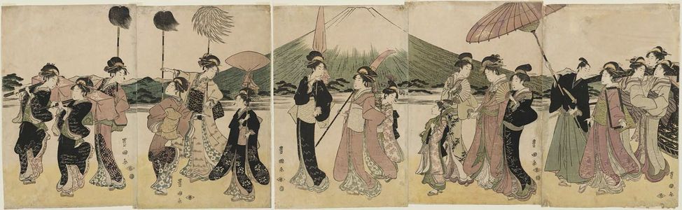 Utagawa Toyokuni I: Women Imitating a Daimyo Procession Passing Mount Fuji - Museum of Fine Arts