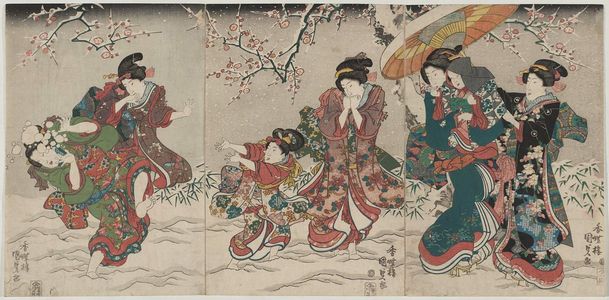 歌川国貞: Women and Children Playing in Snow - ボストン美術館