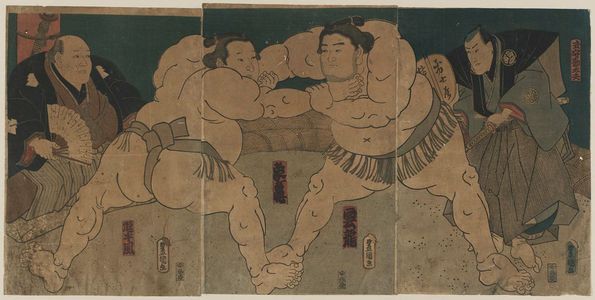 Utagawa Kunisada: Sumô Wrestlers Unryû (R) and Zôgabana (L), Referee Shikimori Kandayû, and Ex-champion Oitekazé as Judge - Museum of Fine Arts
