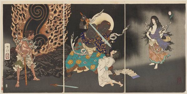 Tsukioka Yoshitoshi: Fudô Threatening Yuten with His Sword - Museum of Fine Arts