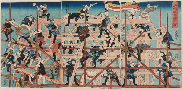 Utagawa Kuniyoshi: Children at Play: Raising the Roof of a Storehouse (Kodomo asobi dozô no muneage) - Museum of Fine Arts