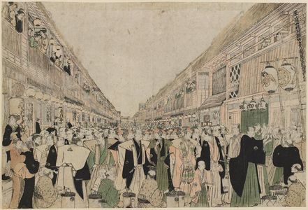 鳥居清長: First Gathering of Actors for the Kaomise Performances at the Great Theaters of Edo (Edo ôshibai kaomise kyôgen sôza chû yorizome no zu) - ボストン美術館