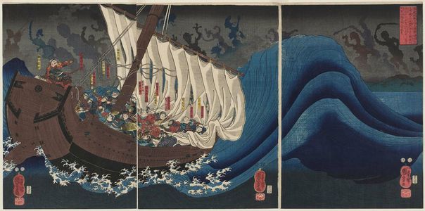 Utagawa Kuniyoshi: The Ghosts of the Taira Attack Yoshitsune in Daimotsu Bay - Museum of Fine Arts