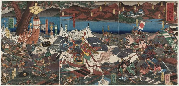 Utagawa Yoshikazu: The Great Battle between Kai and Echigo Provinces at Kawanakajima, on the 10th Day of the 9th Month, 1561, Hachiman... (Eiroku yonen kugatsu tôka, Kôetsu Kawanakajima ôgassen, Hachiman...) - Museum of Fine Arts