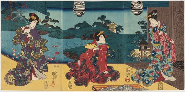 Utagawa Kuniyoshi, 歌川国芳 (Utagawa Kuniyoshi)による浮世絵「Women on Palace Veranda at Night」