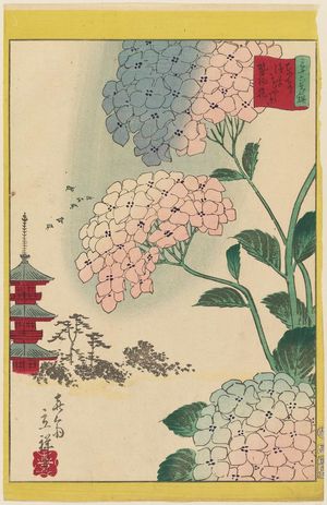 二歌川広重: Hydrangea at the Flower Garden at Asakusa in the Eastern Capital (Tôto Asakusa hana yashiki ajisai), from the series Thirty-six Selected Flowers (Sanjûrokkasen) - ボストン美術館