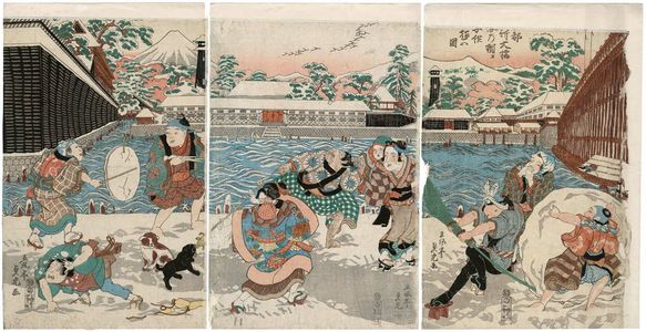 Utagawa Sadatora: Children at Play on a Snowy Morning by the Great Bridge in the Eastern Capital (Tôto Shin Ôhashi yuki no asa kodomo asobi no zu) - Museum of Fine Arts