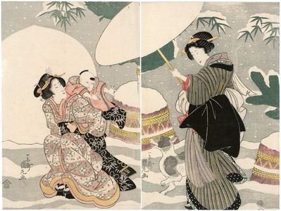 Utagawa Kunimaru: Women, Child, and Dog in Snow - ボストン美術館