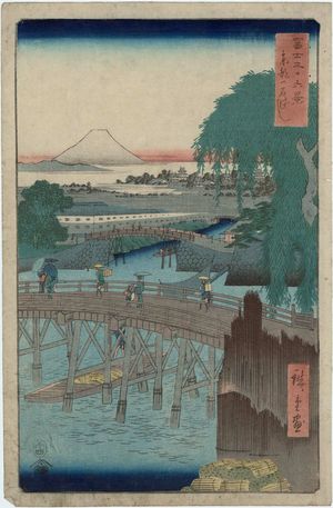 日本版画 "Ichikokubashi Bridge in Edo (Tôto Ichikokubashi), from the series Thirty-six Views of Mount Fuji (Fuji sanjûrokkei)" 由 Utagawa Hiroshige, 歌川広重 (Utagawa Hiroshige I) 创作