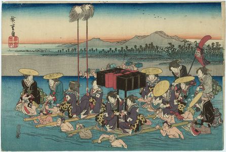 Utagawa Hiroshige: A Female Daimyô Procession at the Ôi River (Onna gyôretsu Ôigawa no zu) - Museum of Fine Arts