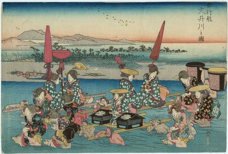 Japanese Print "A Female Daimyô Procession at the Ôi River (Onna gyôretsu Ôigawa no zu)" by Utagawa Hiroshige, 歌川広重 (Utagawa Hiroshige I)