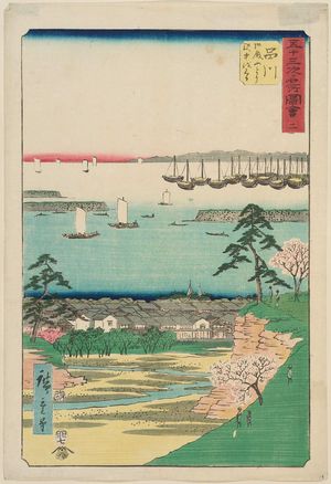 Utagawa Hiroshige: No. 2, Shinagawa: View of the Station from Goten-yama (Shinagawa, Goten-yama yori ekijû o miru), from the series Famous Sights of the Fifty-three Stations (Gojûsan tsugi meisho zue), also known as the Vertical Tôkaidô - Museum of Fine Arts