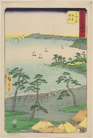 Utagawa Hiroshige: No. 10, Odawara: Fishing Huts on the Beach (Odawara, kaigan gyosha), from the series Famous Sights of the Fifty-three Stations (Gojûsan tsugi meisho zue), also known as the Vertical Tôkaidô - Museum of Fine Arts