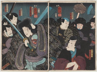 Utagawa Kuniyoshi, 歌川国芳 (Utagawa Kuniyoshi)创作的日本版画《Actors, from right , Ichikawa Danjûrô , Nakamura Kantarô , Bandô Shûka , Bandô Matahachi , Nakamura Narizô》