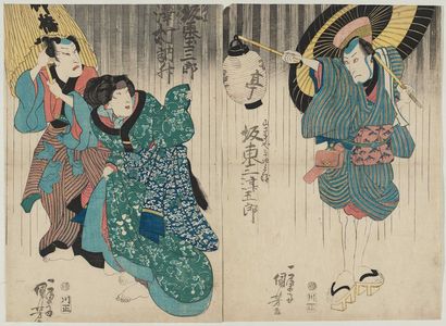 Utagawa Kuniyoshi: Actors Bandô Mitsugorô (R), Bandô Tamasaburô and Sawamura Tosshô (L) - Museum of Fine Arts