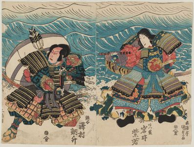 Utagawa Kunisada, 歌川国貞 (Utagawa Kunisada I (Toyokuni III))による浮世絵「Actors Iwai Shijaku as Atsumori (R) and Sawamura Tosshô as Kumagai (L)」