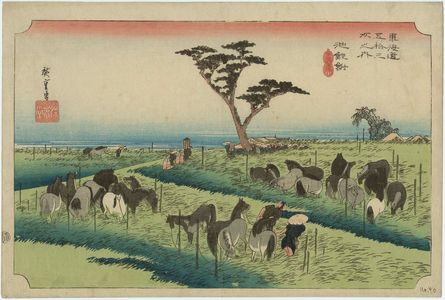 Utagawa Hiroshige: Chiryû: Early Summer Horse Fair (Chiryû, shuka uma ichi), first (?) state, from the series Fifty-three Stations of the Tôkaidô (Tôkaidô gojûsan tsugi no uchi), also known as the First Tôkaidô or Great Tôkaidô - Museum of Fine Arts