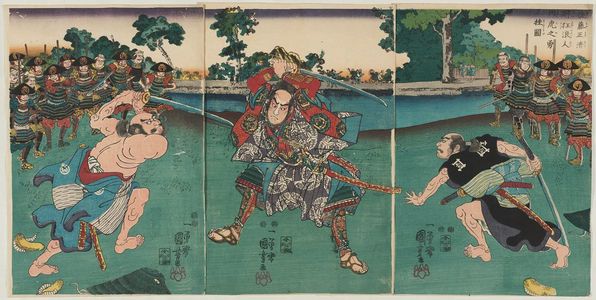 Utagawa Kuniyoshi: Satô Masakiyo Defeats Two Drunken Rônin as Fierce as Tigers (Satô Masakiyo suikyô no rônin ryôko no yû o torihishigu zu) - Museum of Fine Arts