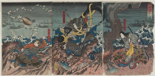 Japanese Print "The Battle of Dan-no-ura (Dan-no-ura tatakai no zu): Tenji no Tsubone, Shinchûnagon Taira Tomomori, and Sagami Gorô" by Utagawa Kuniyoshi, 歌川国芳 (Utagawa Kuniyoshi)