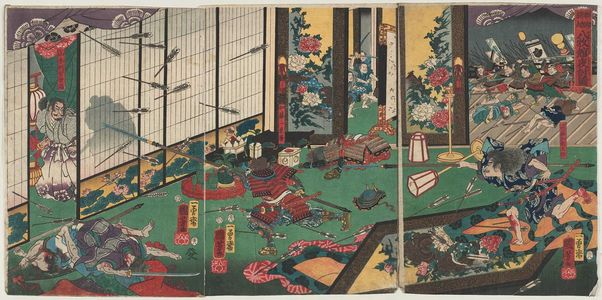 歌川国芳: The Night Attack on the Yamaki Mansion, When Yoritomo First Raised His Banner (Yoritomo hata-age, Yamaki no yakata youchi no zu) - ボストン美術館