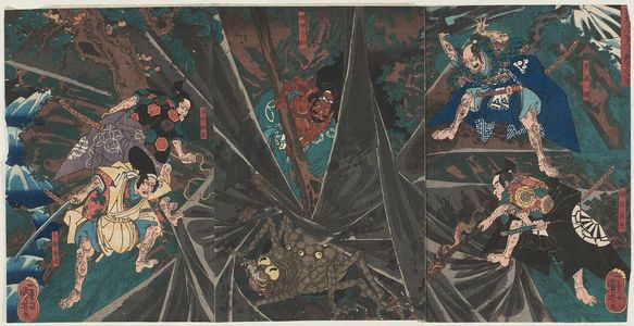 Utagawa Kuniyoshi: The Earth Spider Slain by Raikô's Retainers (Minamoto Yorimitsu no Shitennô tsuchigumo taiji no zu) - Museum of Fine Arts
