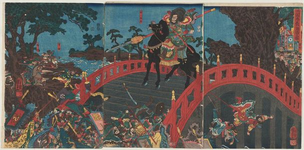 Utagawa Kuniyoshi: The Zhang ? Bridge Scene from The Romance of the Three Kingdoms (Sangokushi Chôhan hashi no zu) - Museum of Fine Arts