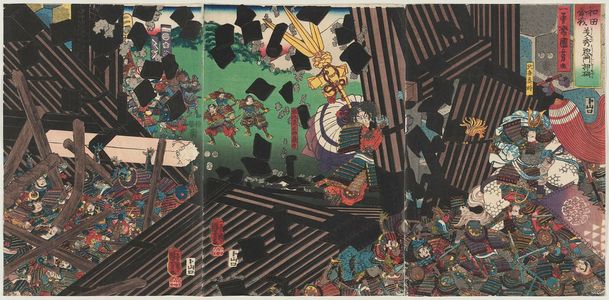 歌川国芳: The Wada Rebellion: Yoshihide Breaks Down the Great Gate (Wada kassen Yoshihide sômon o oshiyaburu) - ボストン美術館