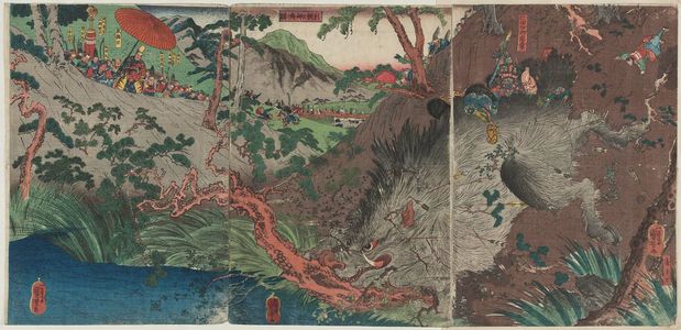 Utagawa Kuniyoshi: Lord Yoritomo's Hunting Party (Yoritomo kô mikari no zu) - Museum of Fine Arts