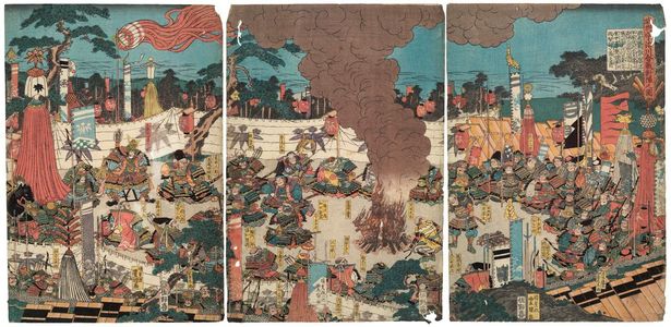 歌川国貞: Opposing Camps at the Battle of the Uji River in Yamashiro Province (Jôshû Ujigawa kassen taijin no zu) - ボストン美術館