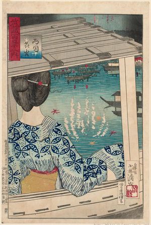 小林清親: Fireworks at Ryôgoku Bridge (Ryôgoku hanabi), from the series One Hundred Views of Musashi Province (Musashi hyakkei no uchi) - ボストン美術館