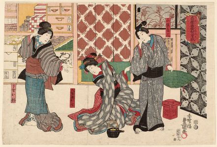 Utagawa Kunisada: Actors Onoe Baikô IV as Koshô Kichiza, Iwai Kumesaburô III as Yaoya Oshichi, and Sawamura Chôjûrô V as Gejo Osugi, in Takane no Kumo Yorokobi Soga - Museum of Fine Arts