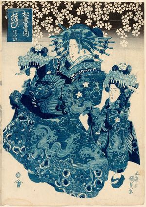 歌川国貞: Yosooi of the Matsubaya, kamuro Wakana and Tomeki, from a series of courtesans printed in blue - ボストン美術館