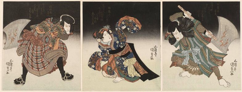 Utagawa Kunisada: Actors Ichikawa Danjûrô VII as Yamagatsu Buô, actually Unno Kotarô Yukiuji (R); Iwai Kumesaburô II as the Lady-uin-waiting Kinugasa (C); and Bandô Mitsugorô III as Yamagatu kumaô, actually Washi no Osaburô (L) - Museum of Fine Arts