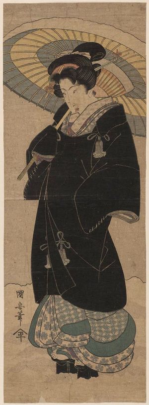Utagawa Kuniyasu: Woman with Black Coat and Umbrella Walking in Snow - Museum of Fine Arts