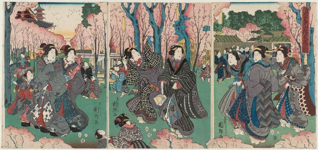 Utagawa Kunisato: Viewing Cherry Blossoms in the Inner Precincts of the Temple at Asakusa (Asakusa okuyama sakura kenbutsu no zu) - ボストン美術館
