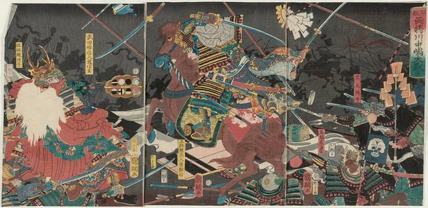 Utagawa Kuniteru: Complete View of the Great Battle between the Two Generals of Kai Province and Echigo Province at Kawanakajima (Kôetsu ryôshô Kawanakajima ôtatakai, zen) - Museum of Fine Arts