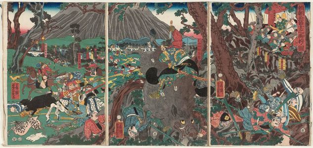 Utagawa Yoshikazu: Lord Yoritomo's Hunt at Mount Fuji (Yoritomo kô Fuji no mikari no zu) - Museum of Fine Arts