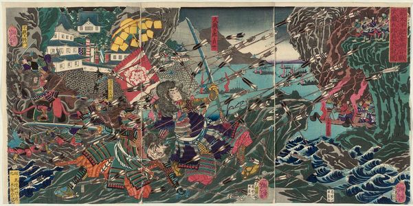 月岡芳年: The Death in Action of Musashi Gorô Sadayo at the Battle of Karashima in the Earlier Taiheiki (Zen Taiheiki Karashima kassen Musashi Gorô Sadayo uchijini no zu) - ボストン美術館
