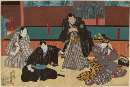 Utagawa Kunisada: Actors Iwai Kumesaburô III as Manjiya Yatsuhashi, Bandô Hikosabûrô IV as Funahashi Jirozaemon, Ichikawa Ebizô V as Sano Jirozaemon, Onoe Shôroku 1.5 as Manjiya Tôkichi - Museum of Fine Arts