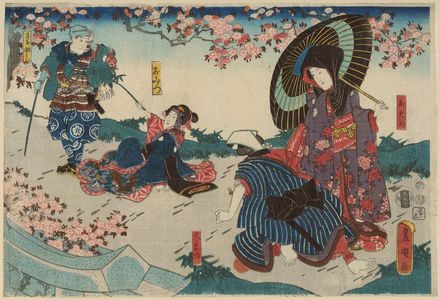 Utagawa Kunisada: Actors Iwai Kumesaburô III as Osome, Hisamatsu, Omitsu and Ichikawa Kuzô II as Sarumawashi - Museum of Fine Arts