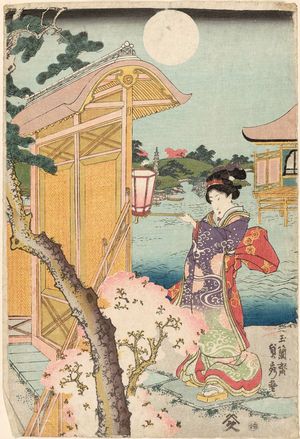 Utagawa Sadahide: Woman with lantern walking beside water. - Museum of Fine Arts