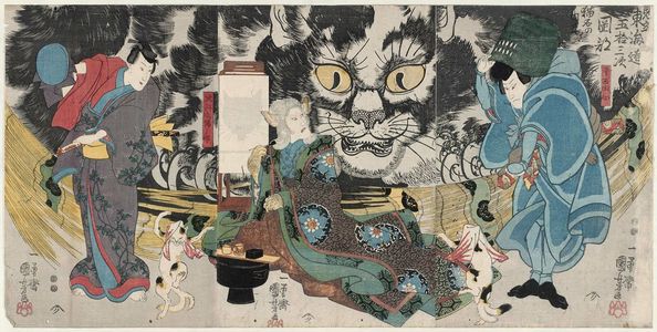 Utagawa Kuniyoshi: An Imaginary Scene of the Origin of the Cat Stone at Okazaki, from the Fifty-three Stations of the Tokaido Road (Mitate Tôkaidô gojûsan tsugi Okazaki neko ishi no yûrai) - Museum of Fine Arts