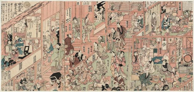 Utagawa Kunisada: The Dressing Rooms of the Nakamura Theater in Sakai-chô, a Triptych (Sakai-chô Nakamura-za gakuya no zu, sanmaitsuzuki) - Museum of Fine Arts
