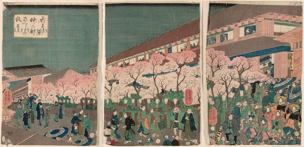 Utagawa Yoshikazu: Holiday of Cherry Blossoms at Naka-no-chô in the New Yoshiwara (Shin Yoshiwara Naka-no-chô sakura no monpi) - Museum of Fine Arts